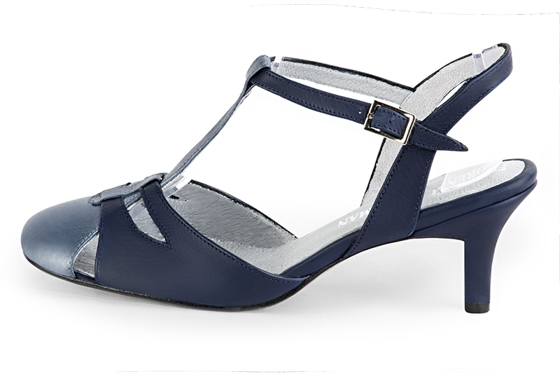 Denim blue women's open back T-strap shoes. Round toe. Medium slim heel. Profile view - Florence KOOIJMAN